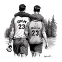 dad with son on shoulders. tattoo will be of their back walking away. son will be wearing a jersey saying Hudson with#23 tattoo design idea
