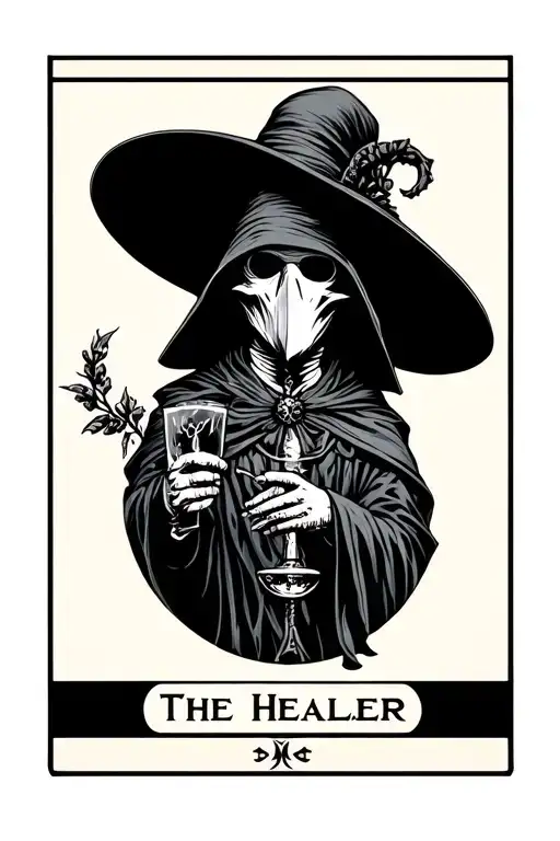 plague doctor retro full body inside tarot card called "The Healer" tattoo design idea