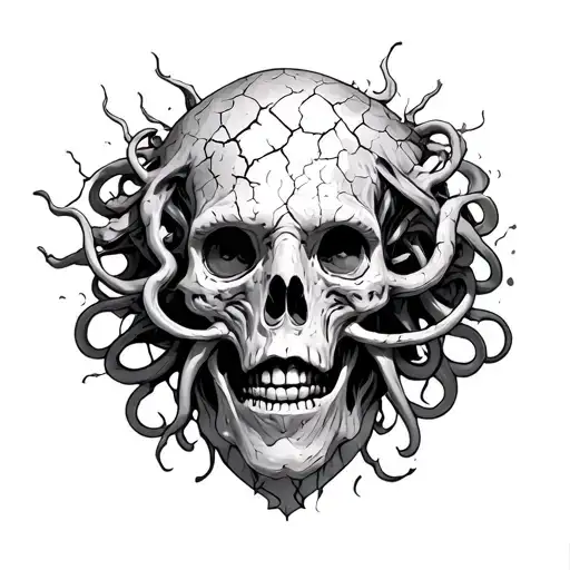 top of medusas head emerging shaded with cracks tattoo design idea