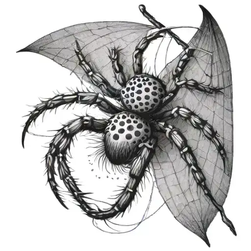 A dotwork tattoo of a gothic-inspired spider crawling on a fishing hook, combining your passion for fishing and spiders in a unique way tattoo design idea