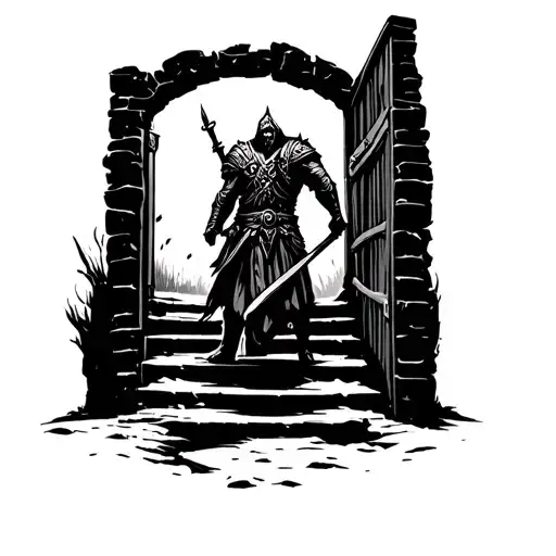 Viking warrior silhouette standing at the base of stairs leading to the open door to Valhalla  tattoo design idea