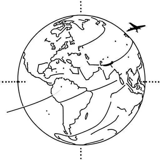 A simple globe containing all 7 continents with a small simple plane flying around it while following a dotted line tattoo design idea