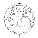 A simple globe containing all 7 continents with a small simple plane flying around it while following a dotted line tattoo design idea