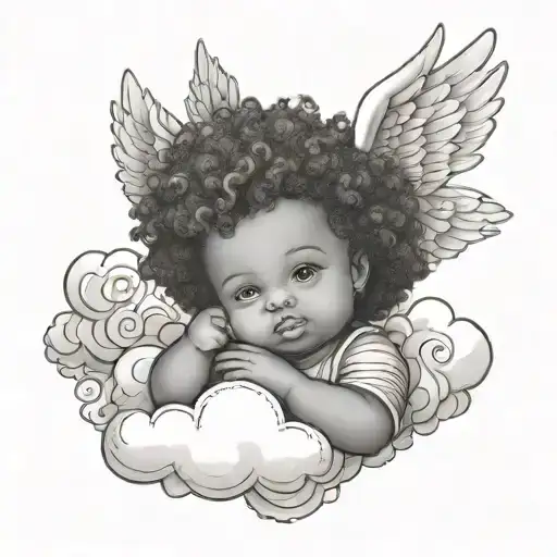 fine line baby angel on cloud with afro tattoo design idea