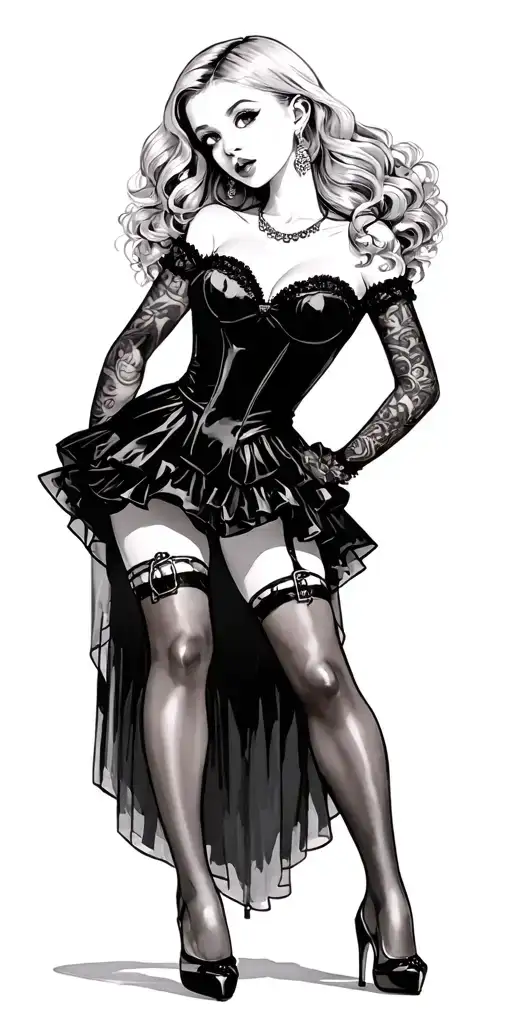 a girl, a blonde, in an evening black dress, stockings with garters and stiletto heels with ankle clasps tattoo design idea