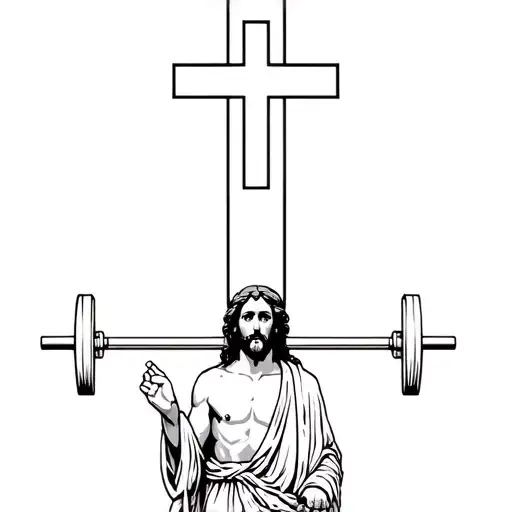 jesus holding a barbell. design looks like a cross tattoo design idea
