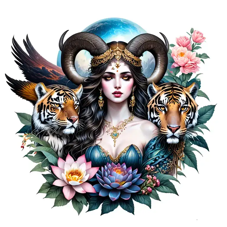 sexy aries goddess surrounded by lotus and peony flowers growing with a hawk and a tiger with mars galaxy landscape  tattoo design idea