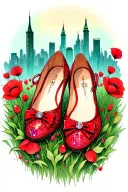 two sparkly flat red ruby  shoes with bows on toes with emerald city in background surrounded by poppies tattoo design idea