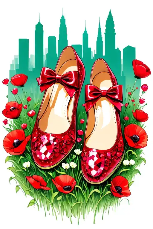 two sparkly flat red ruby  shoes with bows on toes with emerald city in background surrounded by poppies tattoo design idea