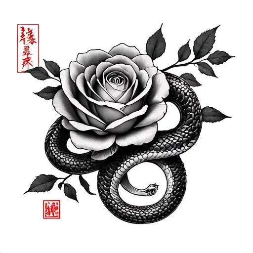 reese in chinese with a rose and snake  tattoo design idea