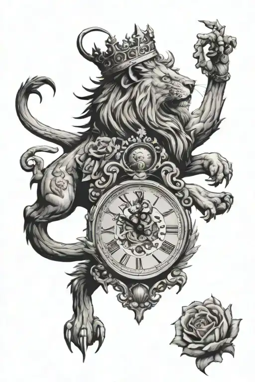 Lion with crown, angry dragon, cat lying on clock, hand reaching for treasure, rose with thorns tattoo design idea
