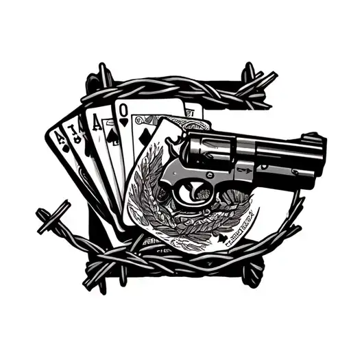 Mexico, cartel, barbed wire, revolver pistol and cards tattoo design idea