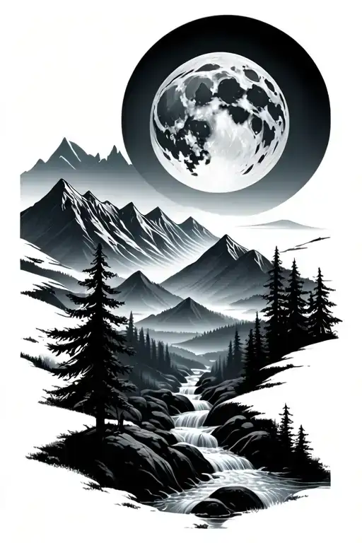 A full moon high above a mountain range and forest with a stream flowing through  tattoo design idea