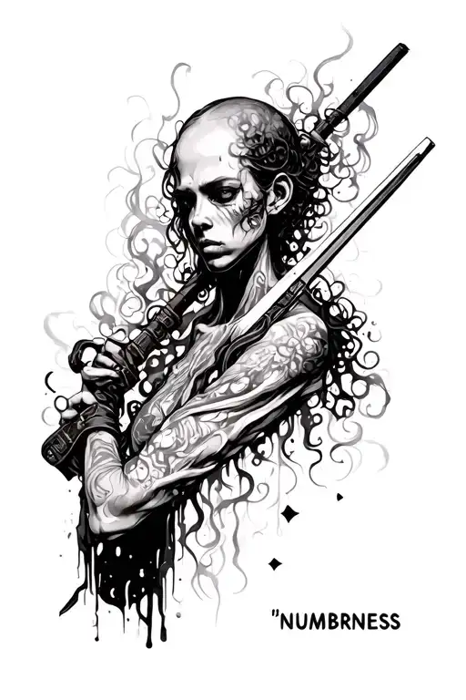 "numbness" is a human body, smoke, weapon, gokyuzu, loneliness, feeling of emptiness tattoo design idea
