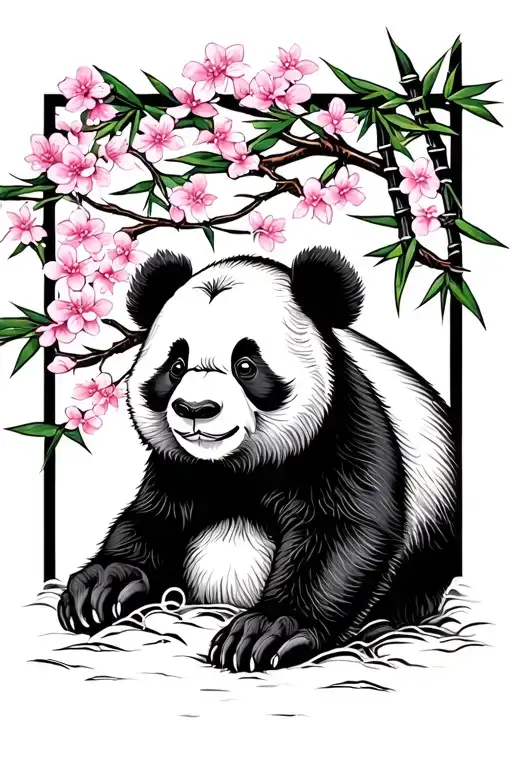baby panda with bamboo under cherry blossom tree tattoo design idea