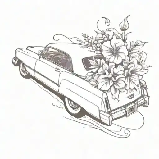 purple cadillac coupe devill with flowers surrounding tattoo design idea