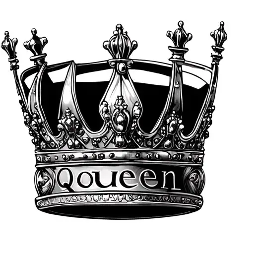 Realistic tattoo, black and white, of the crown from the group Queen, the name of Queen is engraved on the crown with a  tattoo design idea