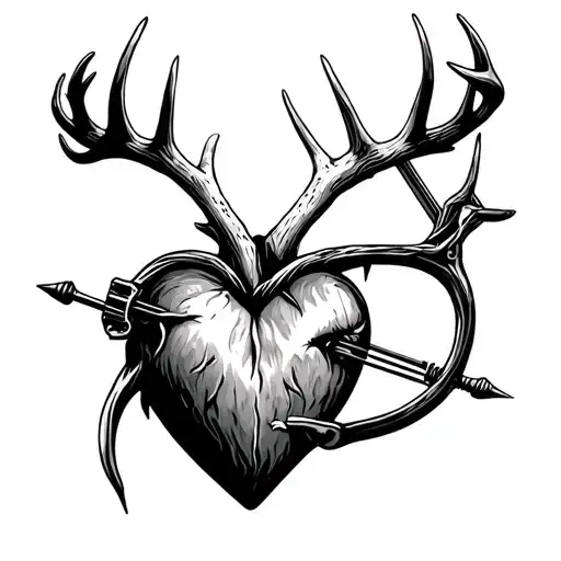fish hook deer antler heart with crossbow bolt coming tattoo design idea