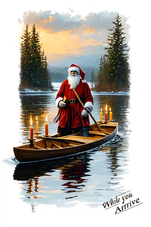 "While you arrive" Santa Death in a lake paddling with a road marked with candlesticks tattoo design idea