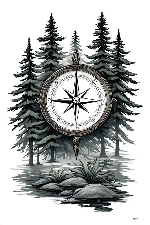 Compass in evergreen trees tattoo design idea