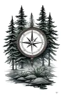 Compass in evergreen trees tattoo design idea