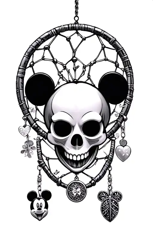 mickey Mouse skull with Disney charms hanging like a dreamcatcher  tattoo design idea