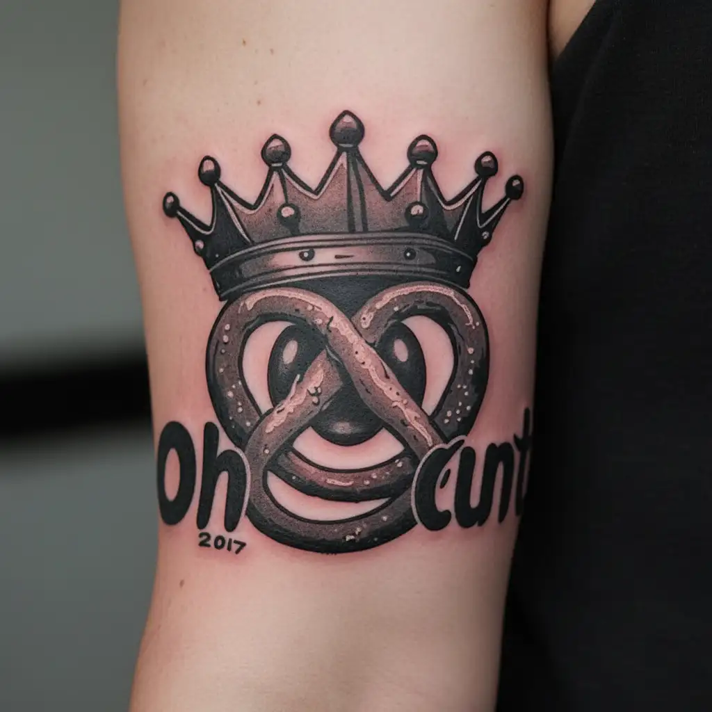 "Oh Cunt" "Oh Cunt" pretzel wearing crown tattoo design idea