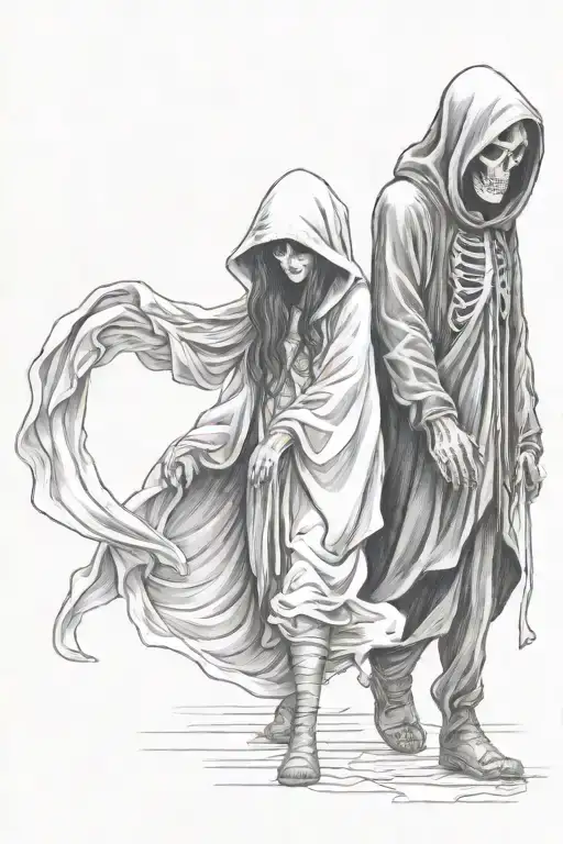 a girl and a hooded reaper walking side by side tattoo design idea