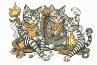 two cats, sitting facing campfire, roasting marshmallows. tattoo design idea