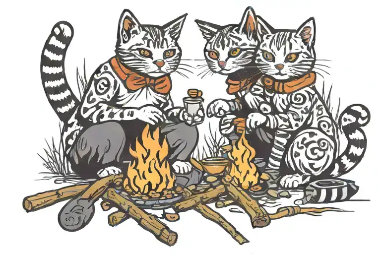 two cats, sitting facing campfire, roasting marshmallows. tattoo design idea