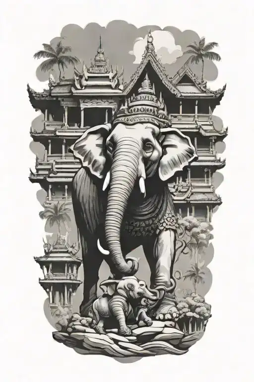thai temple with elephant  tattoo design idea