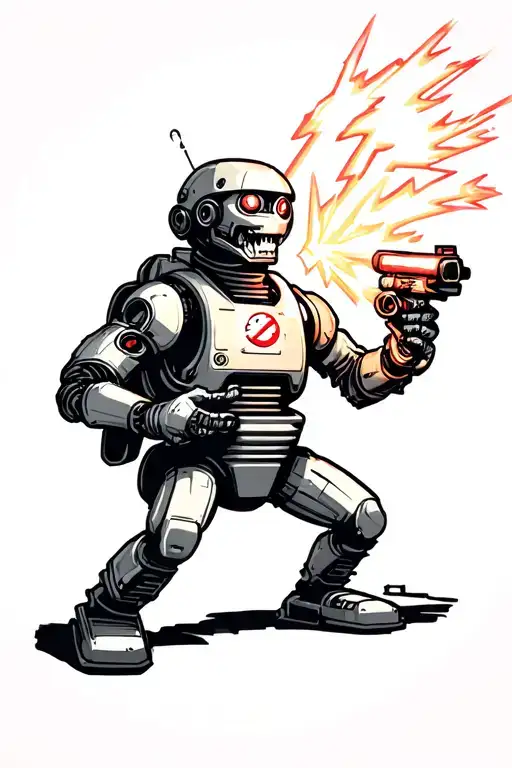 ghost busters style ghost with a robot head shooting lasers out of their hands, with lightning in the background  tattoo design idea