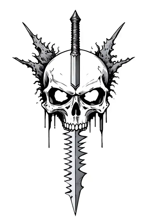 serrated blade, skull head, massacre, sejmitar tattoo design idea