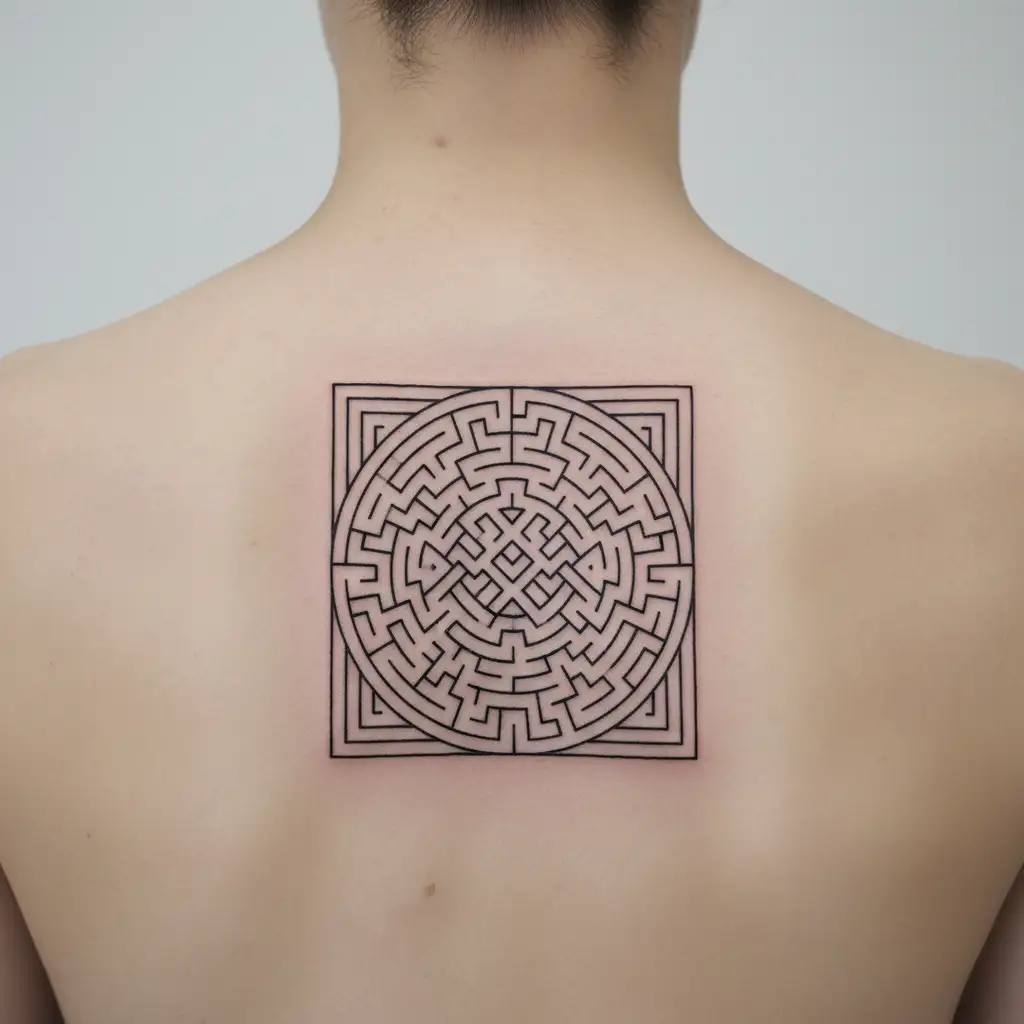 interconnected maze with an open path, representing the journey to find clarity and escape the complexities of overthink tattoo design idea