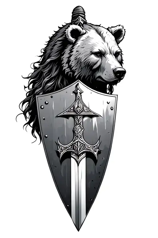 Norse mythology shield maiden Face wearing bear head profile holding a sword tattoo design idea
