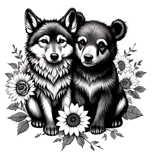 baby wolf and baby bear sitting with sunflowers and roses  tattoo design idea