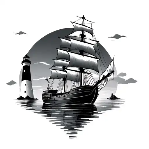 pirate ship at night with lighthouse in background tattoo design idea