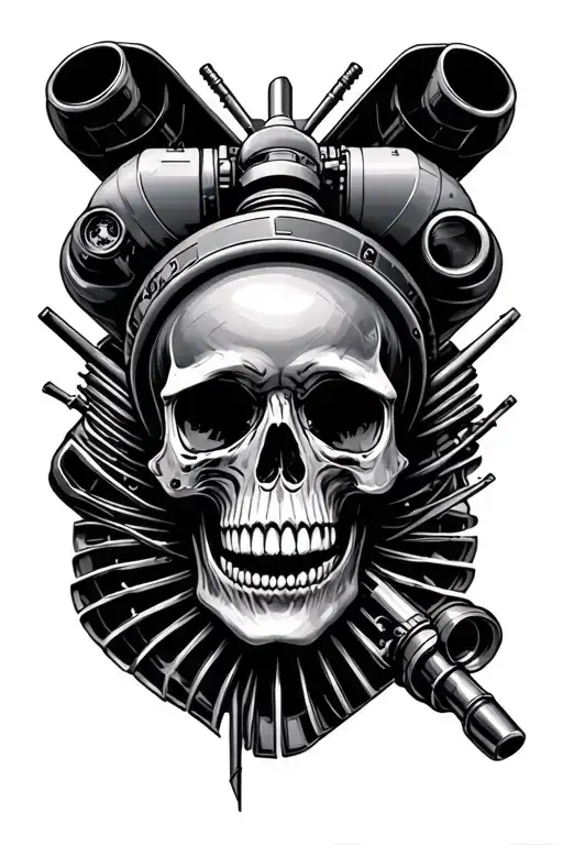 mechanic skull and airplane jet engine tattoo design idea