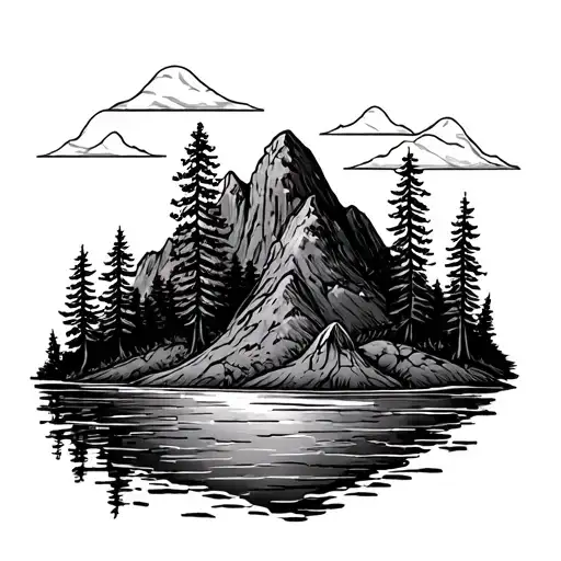 black mountain. lots of line work. nature filled, trees and water. no animals.  tattoo design idea