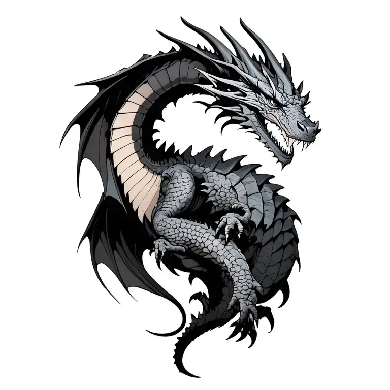 realistic dragon wrapped around the shoulder and chest, aggressive pose, detailed scales, wings, black and gray color scheme tattoo design idea