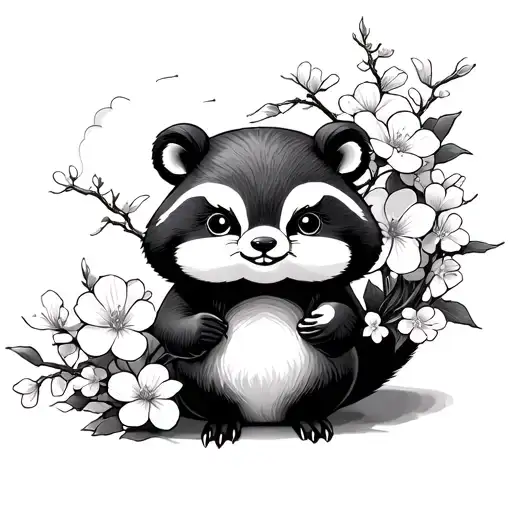 Japan Mont Fuji Sakura Flowers Tanuki Kawai tattoo design idea