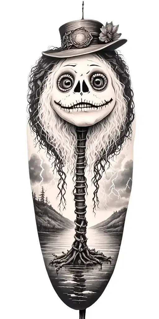 cute stiched whole body voodoo puppet with cylinder hat and lightining storm and vegvisir and nature tattoo design idea