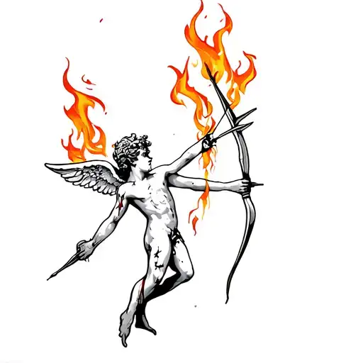 a burntout cupid with scars holding a broken bow with flaming arrows tattoo design idea