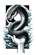 Japanese snake slivering through waves towards hand minimal cartoon style  tattoo design idea
