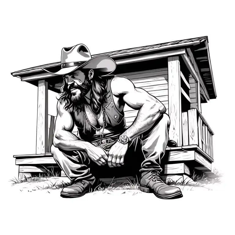 symbolic of warrior cowboy redneck sitting on a porch tattoo design idea