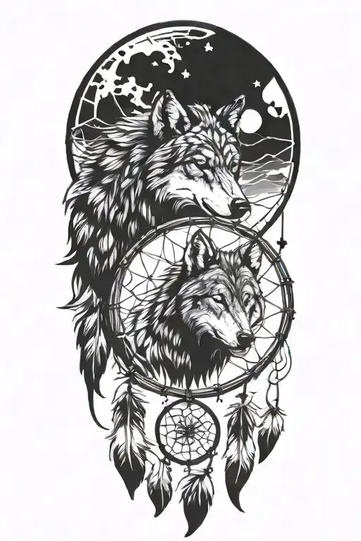 wolf and a dreamcatcher  tattoo design idea