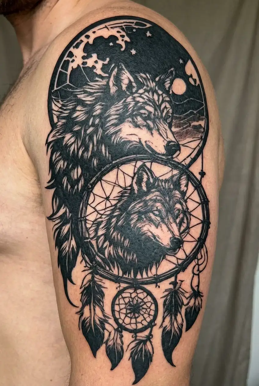 wolf and a dreamcatcher  tattoo design idea
