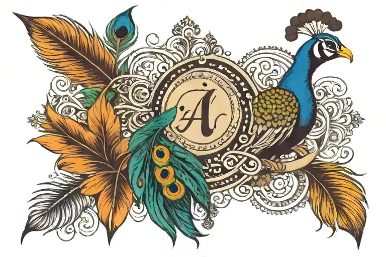 sanskrit style english front with flute and peacock feather ABHA name tattoo  tattoo design idea