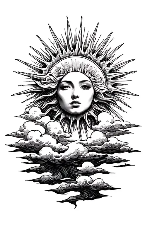sun rays and clouds surrounding tattoo design idea