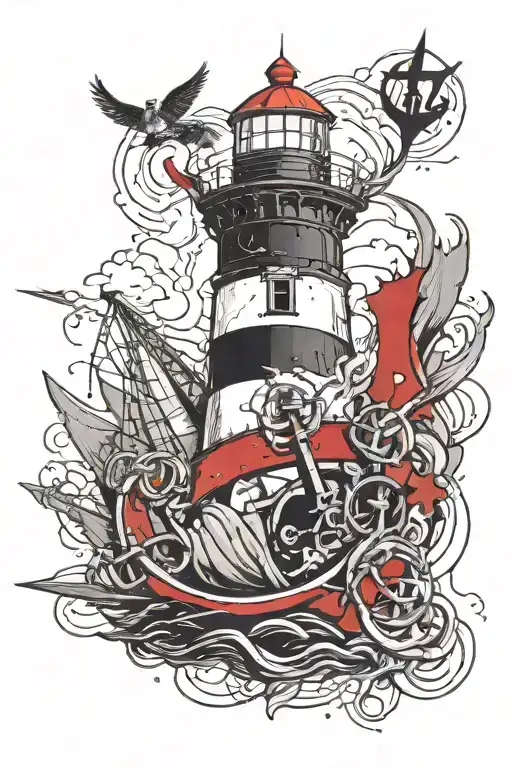 staghead, lighthouse and anchor. staghead st front, lighthouse behind, anchor below tattoo design idea